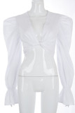 White Casual Solid Hollowed Out Patchwork Frenulum V Neck Mid Waist Tops