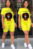 White Fashion Sexy adult Ma'am Letter Patchwork Print head portrait Two Piece Suits pencil Short Sleeve Two Pieces