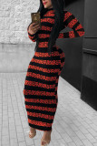 Colorful Blue Fashion Casual Striped Print Basic O Neck Long Sleeve Dress