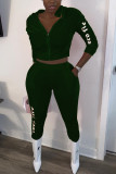 Dark green Fashion Street Adult Cotton Solid Embroidered Split Joint O Neck Long Sleeve Regular Sleeve Regular Two Pieces