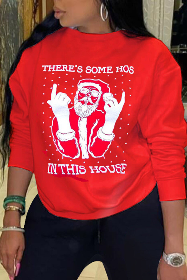 Red Casual Print O Neck Tops