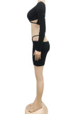 Black Sexy Solid Patchwork V Neck Short Two Pieces