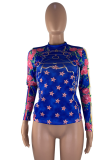 Blue Sexy Print Patchwork Turtleneck Tops