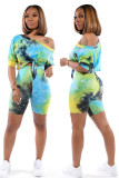 Blue Polyester Fashion adult Casual Tie Dye Bandage Print Two Piece Suits Patchwork pencil Half Sleeve