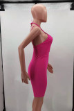 Pink Fashion Sexy Solid Hollowed Out Backless Spaghetti Strap Skinny Romper