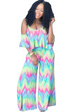 Multi-color Fashion Casual adult Ma'am Print Tie Dye asymmetrical Gradient ruffle contrast color Two Piece Suits Loose Short Sleeve Two Pieces