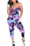 purple Fashion Casual Print Sleeveless V Neck Jumpsuits