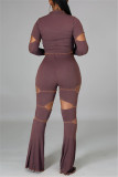 Purplish Red Fashion Casual Patchwork Ripped O Neck Long Sleeve Two Pieces