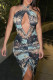Black Sexy Print Hollowed Out Backless Halter Sleeveless Dress