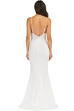 White Polyester Sexy Spaghetti Strap Sleeveless Slip Step Skirt Floor-Length lace Solid Club Dresses