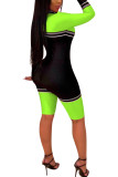 Fluorescent green Fashion Casual Striped zipper Long Sleeve O Neck Jumpsuits