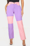 Blue Street Solid Patchwork High Waist Regular Denim