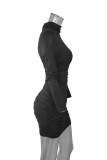 Black Sexy Solid Split Joint Turtleneck Wrapped Skirt Dresses