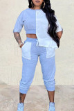 Light Blue Fashion Casual Patchwork Asymmetrical O Neck Short Sleeve Two Pieces