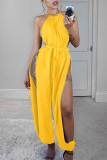 Yellow Sexy Solid With Belt Halter Loose Jumpsuits