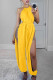 Yellow Sexy Solid With Belt Halter Loose Jumpsuits