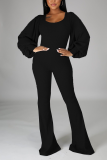 Black Casual Solid Split Joint Square Collar Boot Cut Jumpsuits