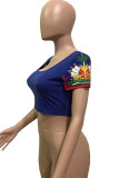 Royal blue White Red Royal blue Polyester O Neck Short Sleeve Print crop top Tops