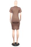 Coffee Polyester Casual adult Sexy Fashion Short Sleeves O neck Pleated Mini Solid Draped asymmetrical