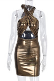 Gold Sexy Solid Hollowed Out Backless Sleeveless Dress