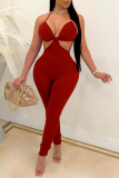 Pink Sexy Solid Hollowed Out Halter Skinny Jumpsuits