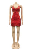 Red Fashion Sexy Patchwork Sequins Backless V Neck Sling Dress