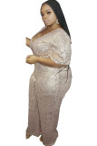 Apricot Celebrities V Neck Sequin Solid Sequined Plus Size Jumpsuits