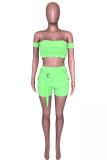 Fluorescent green Fashion Sexy Solid crop top Slim fit Two Piece Suits asymmetrical Skinny Short Sleeve