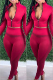 Red Casual Print Zipper Collar Long Sleeve Two Pieces