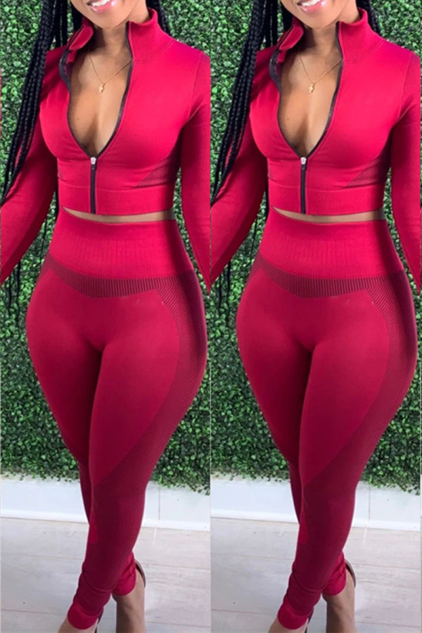 Red Casual Print Zipper Collar Long Sleeve Two Pieces