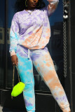 Yellow Casual Sportswear Polyester Spandex Cotton Blends Print Tie-dye Pullovers Pants Basic O Neck Long Sleeve Regular Sleeve Regular Two Pieces