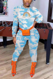 Baby Blue Fashion Casual Print Capris Basic O Neck Long Sleeve Two Pieces