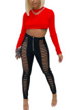 Red Fashion Casual Adult Twilled Satin Solid Ripped Split Joint O Neck Long Sleeve Regular Sleeve Short Two Pieces