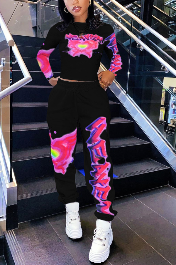 Black Casual Print Patchwork O Neck Long Sleeve Two Pieces