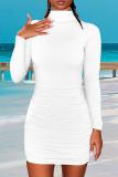 White Sexy Solid Split Joint Turtleneck Wrapped Skirt Dresses
