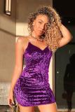 purple Polyester Fashion adult Sexy Spaghetti Strap Sleeveless V Neck Step Skirt Mini hollow out Solid Patc