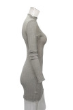 Grey Sexy Solid Patchwork Turtleneck Wrapped Skirt Dresses