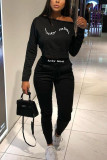 Black Fashion Casual Adult Print Letter Oblique Collar Long Sleeve One Shoulder Regular Two Pieces