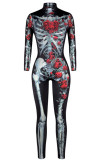 Blue Fashion Party Adult Polyester Print Split Joint O Neck Skinny Jumpsuits