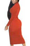 Orange Fashion Sexy Adult Polyester Solid Split Joint O Neck Long Sleeve Mid Calf Long Sleeve Dress Dresses