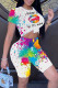 White Fashion Casual Print Basic O Neck Short Sleeve Two Pieces