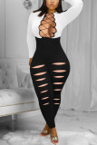 White Sexy Solid Bandage Hollowed Out Split Joint O Neck Plus Size