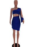 Deep Blue Fashion Sexy Solid Hollowed Out Oblique Collar Long Sleeve Dresses