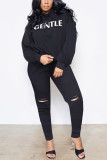 Red British Style Letter Print Ripped Hooded Collar Long Sleeve Two Pieces