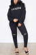 Black British Style Letter Print Ripped Hooded Collar Long Sleeve Two Pieces
