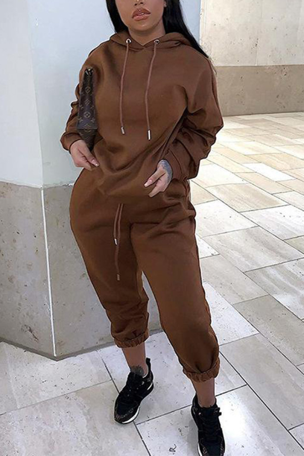 Coffee Casual Solid Patchwork Hooded Collar Long Sleeve Two Pieces