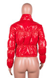 Red Casual Faux Leather Solid Mandarin Collar Outerwear