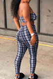 Cyan Sexy Casual Plaid Print Backless Strapless Sleeveless Two Pieces