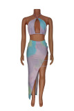 Multi-color Sexy Print Hollowed Out Backless Strap Design Swimwears Three-piece Set