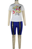 Blue knit Fashion Sexy adult Ma'am Patchwork Print Character Bandage Two Piece Suits Straight Short Sleeve Two Pieces